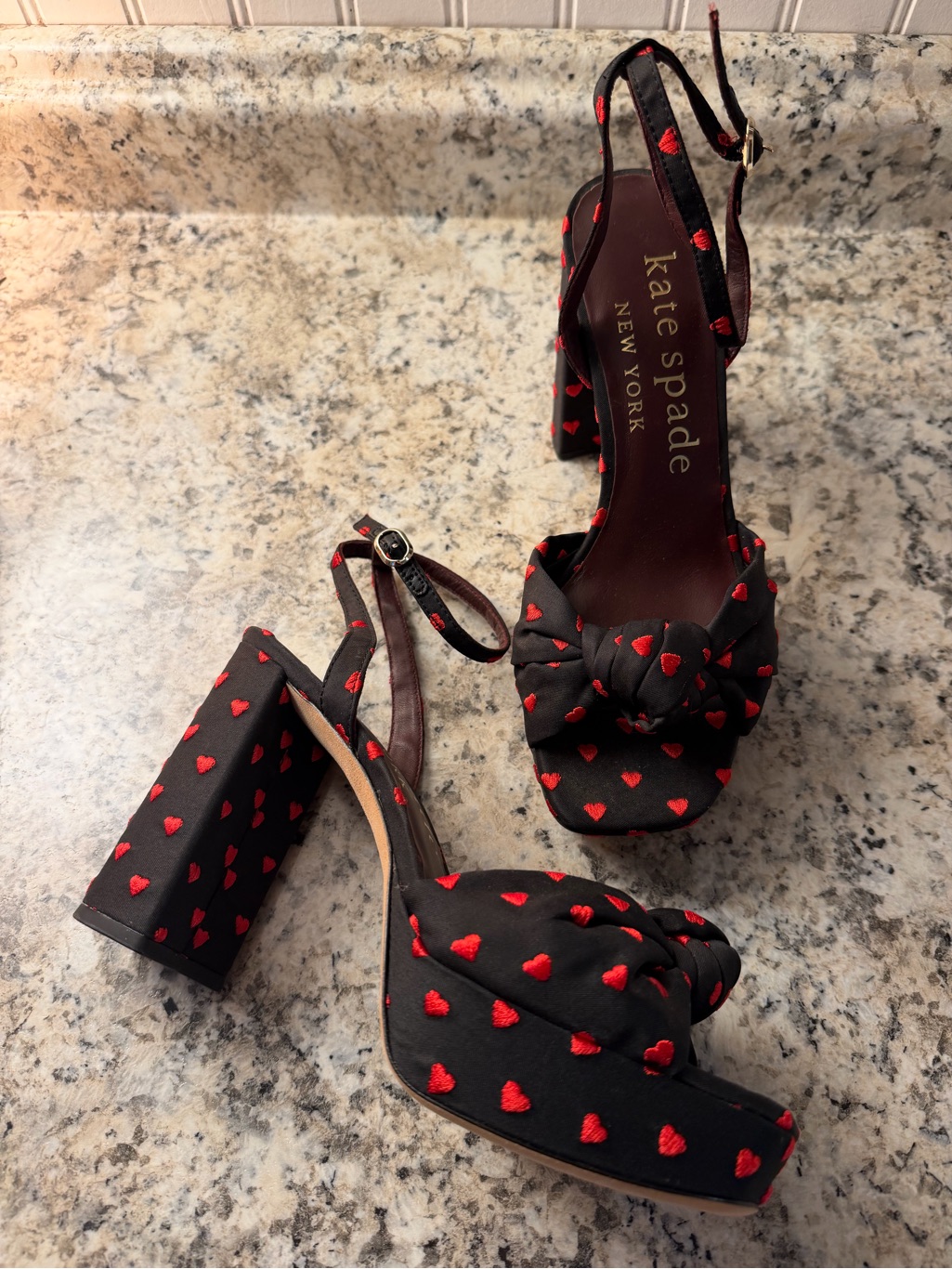 Kate Spade Black Platform Sandals With Red Confetti Heart Embroidery New